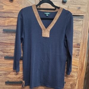 Ralph Lauren Deep Blue Top with Tan Trim